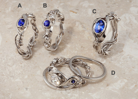 Four Platinum Vine Series Rings with Diamonds and Sapphires